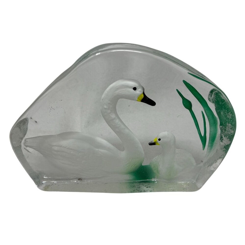 Glass Swan Cygnet Paper Weight Smooth Hand-Painted Green White Ice Block Thick